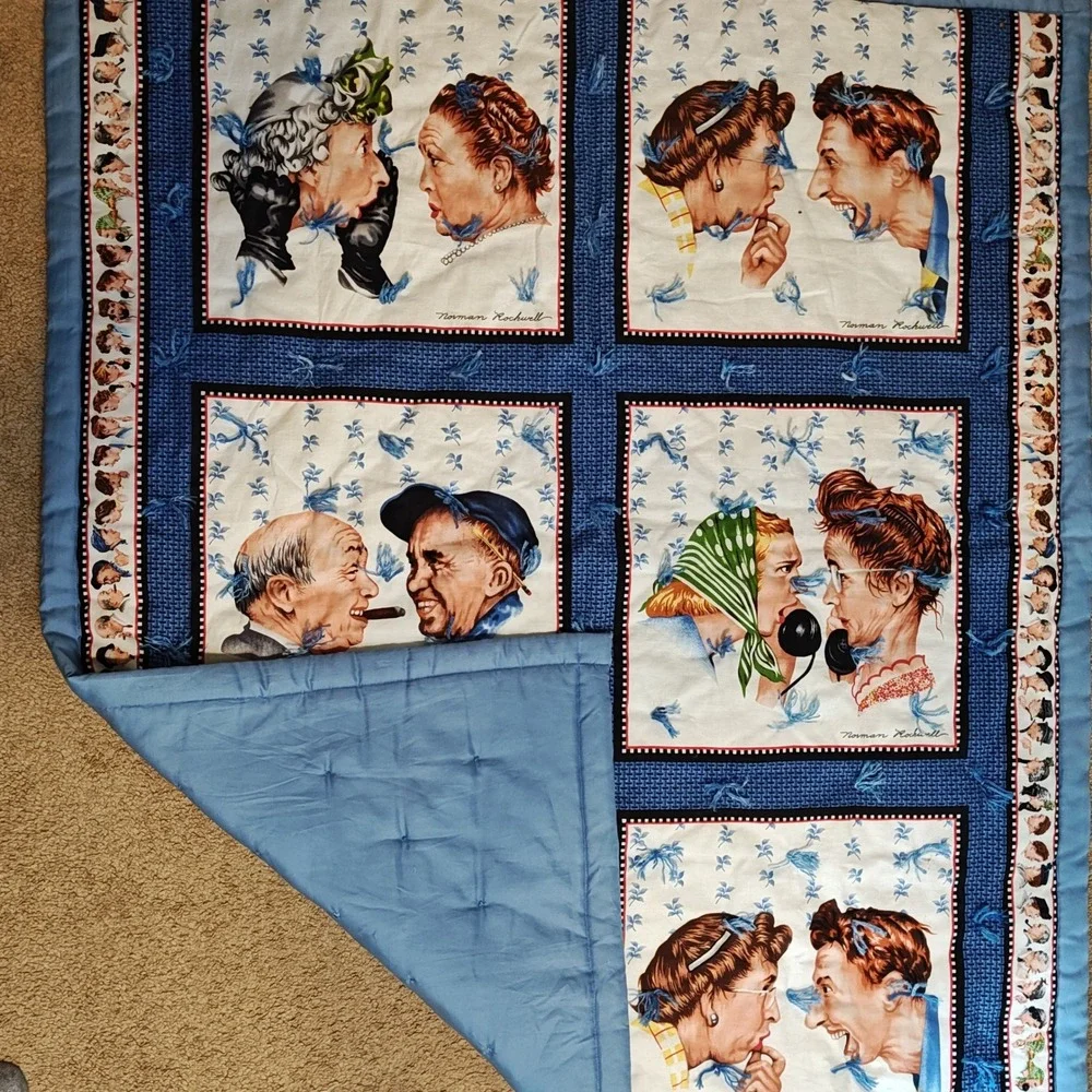 Norman Rockwell Tied Quilt wall hanging 51x43 Blue The Gossip Americana Folk Art